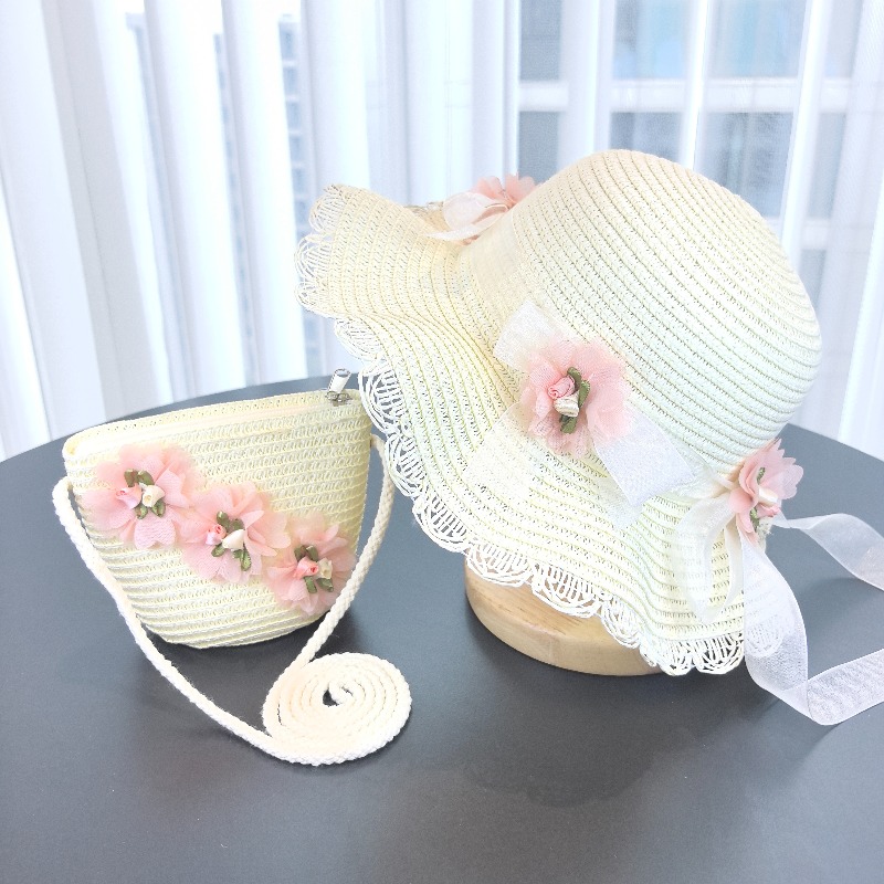 Bucket Hat Straw - Dziewczęcy kapelusz słomkowy 2-częściowy, jednolity kolor,